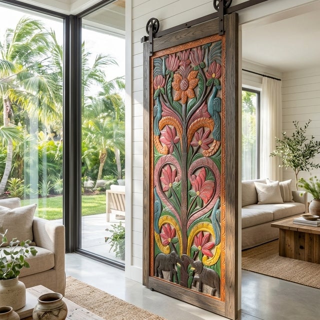 1920s Vintage Hand-Carved Indian Wood Panel Barn Door | Tree of Life, Elephant, Peacock & Lotus84x36 For Sale - Image 5 of 5