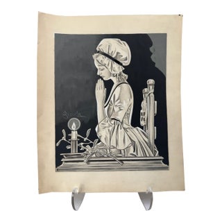 1940s Original Signed Graphite Illustration of Praying Girl by Candlelight, 13 × 10.5 In. For Sale