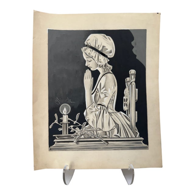 1940s Original Signed Graphite Illustration of Praying Girl by Candlelight, 13 × 10.5 In. For Sale