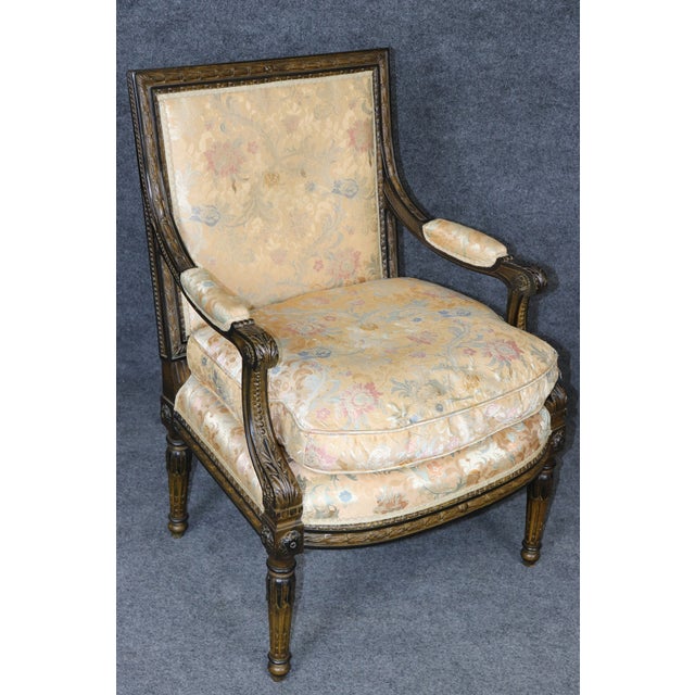 Pair of Antique French Louis XVI Style Silk Upholstered Armchairs For Sale - Image 11 of 12