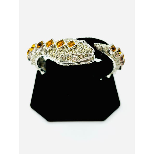 Silver 1980s Kenneth Jay Lane Amber Crystal Snake Bracelet For Sale - Image 8 of 11