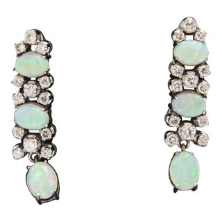 1970s Dangling Opal and Diamond Drop White Gold Earrings - 2 Pieces For Sale