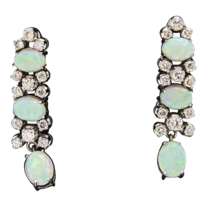 1970s Dangling Opal and Diamond Drop White Gold Earrings - 2 Pieces
