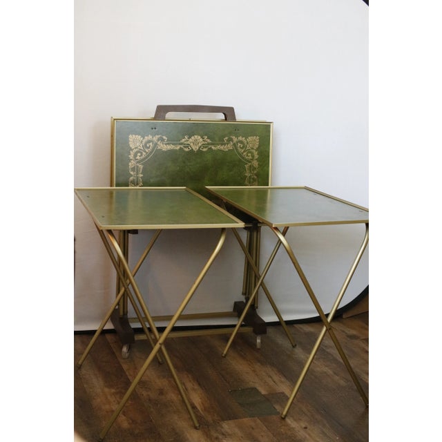 Mid-Century Green and Gold English Regency Design 1960s Tray Tables With Rolling Stand For Sale - Image 17 of 17