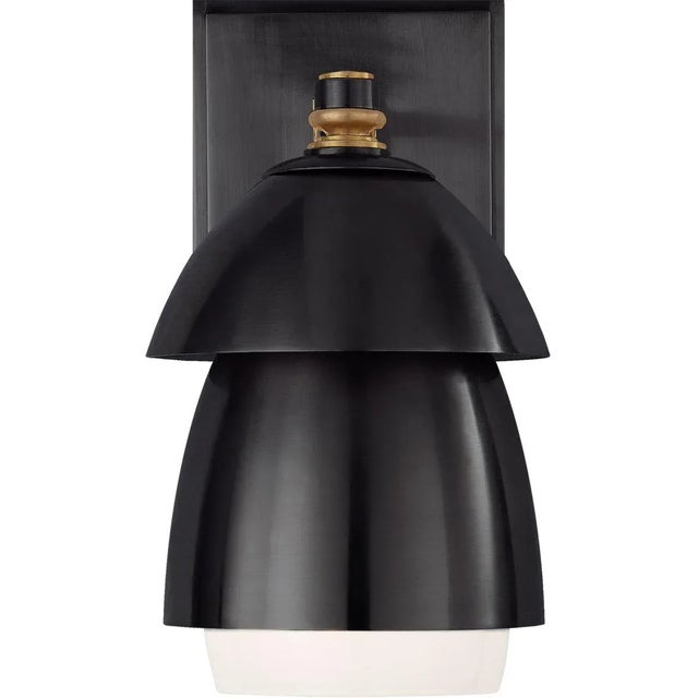 Modern Thomas O'Brien for Visual Comfort Signature Whitman Small Sconce in Bronze & Hand-Rubbed Antique Brass with Bronze & White Glass Shade For Sale - Image 3 of 4