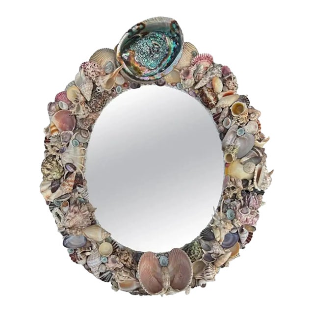 Vintage Oval Seashell Encrusted Mirror For Sale
