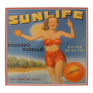 1920's Original Vintage Spanish Fruit Crate Label - Sunlife - Eduardo Rosello - Extra Selected - Valencia Spain For Sale