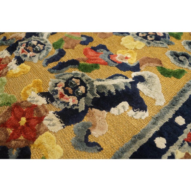 Early 20th Century 1920s Yellow Foo Dog Antique Chinese Silk & Metallic Thread Rug 2'7" X 4'2" Pile - Knotted Carpet For Sale - Image 5 of 8