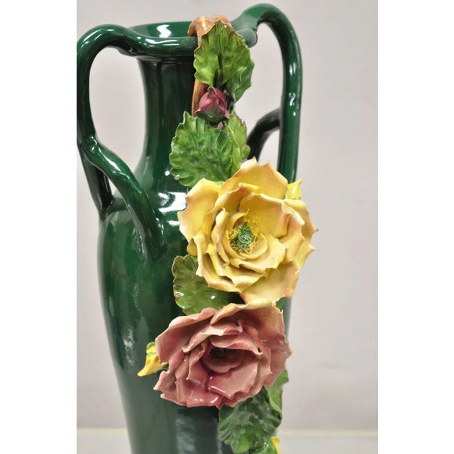 Vtg Victorian Style Green Ceramic Capodimonte 18" Vase With Pink Yellow Flowers For Sale In Philadelphia - Image 6 of 13