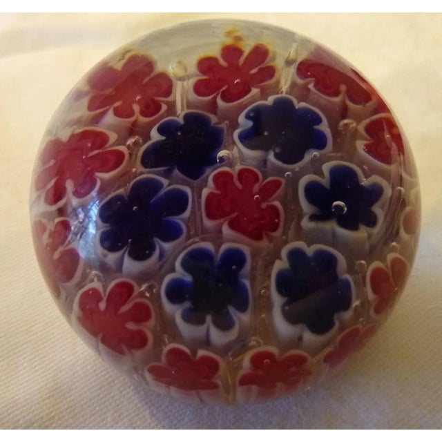 Art Deco Vintage Millefiori Red and Blue Murano Blown Glass Paperweight For Sale - Image 3 of 5