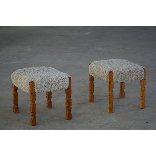 Mid-Century Modern Mid-Century Modern Danish Oak Stools with Lambswool Upholstery from Henning Kjærnulf, 1950s, Set of 2 For Sale - Image 3 of 14