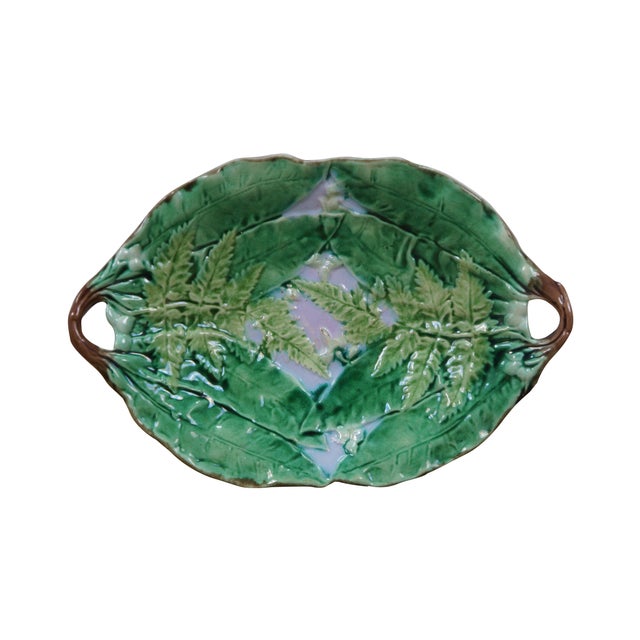English Antique English Majolica Porcelain Handled Fern Leaf Plate Platter 12" For Sale - Image 3 of 12