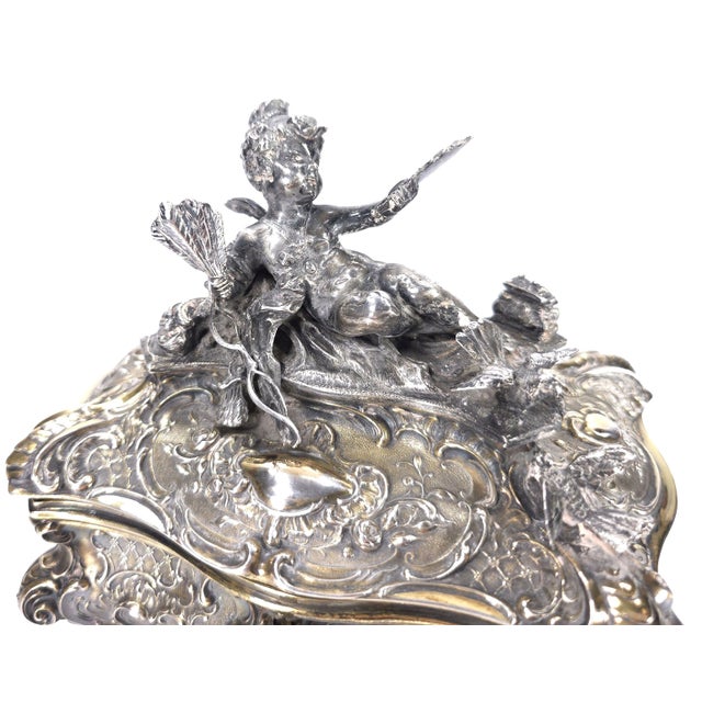 Gilded Age European Silver Rococo Jewelry Casket Topped With Angel Admiring Herself For Sale - Image 4 of 15