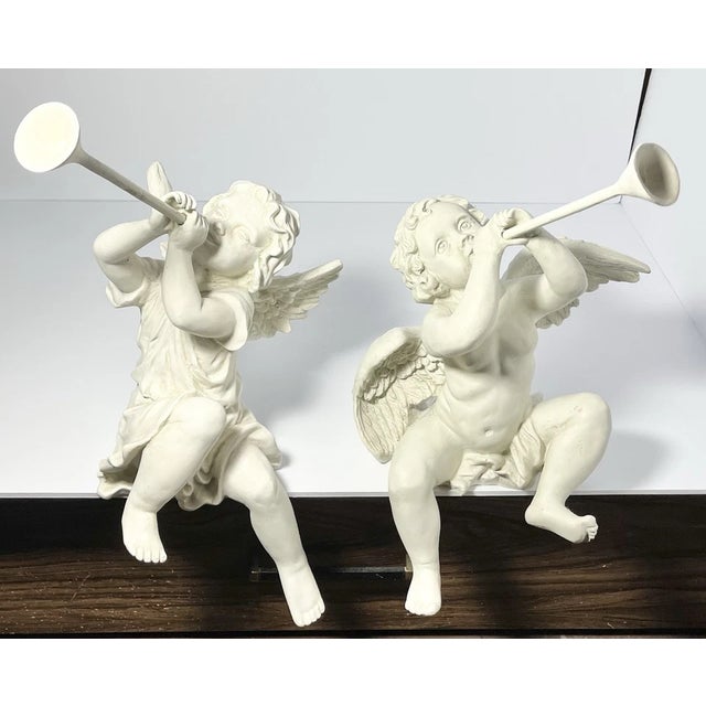 Traditional Vintage Pair of Resin Stone Sitting Shelf Cherub Angel Herald Figurines For Sale - Image 3 of 9