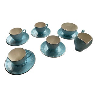 Baby Blue Pottery Coffee Cups and Saucers with Milk Jug and Sugar Bowl from Arklow, 1950, Set of 11 For Sale