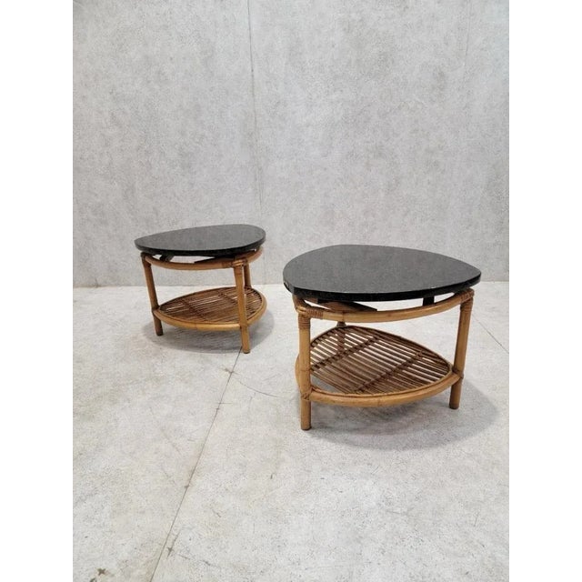 Mid 20th Century Vintage Paul Frankl Style Floating Granite Rattan Side Tables - Pair For Sale - Image 5 of 5