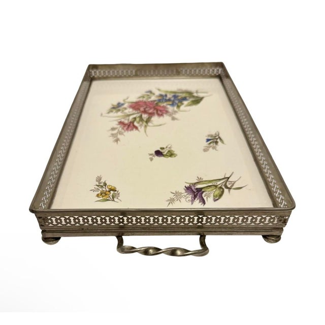 Art Nouveau Porcelain Silver Tone Metal 15.5” Serving Tray Rare. For Sale - Image 4 of 10