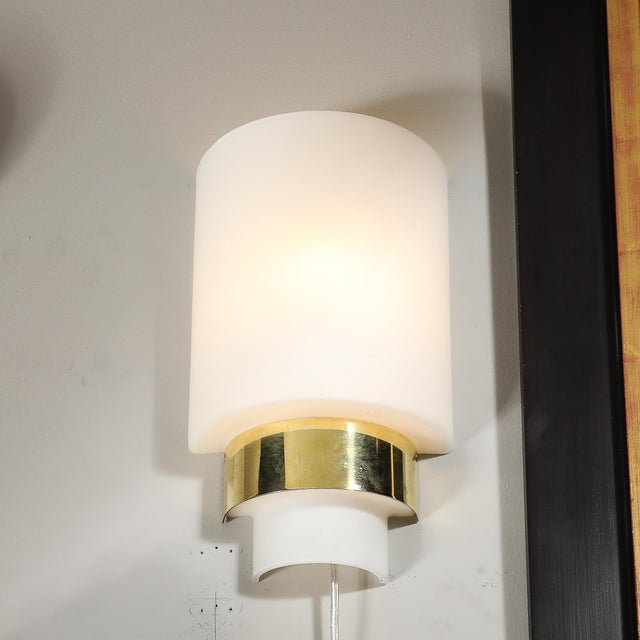1980s Pair of Mid-Century Modernist Minimal Frosted Glass & Brass Sconces For Sale - Image 5 of 13