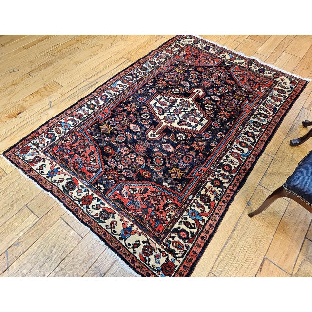 Vintage Persian Bakhtiari Rug, Handwoven Wool, Floral Pattern, Navy & Ivory, 5x7 For Sale - Image 4 of 14