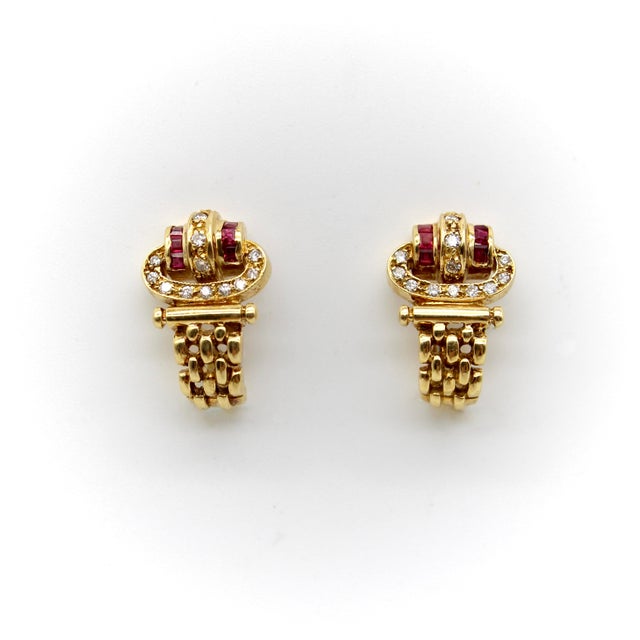 1980s Vintage 18k Gold Diamond and Ruby Buckle Huggie Earrings, A Pair For Sale - Image 5 of 10