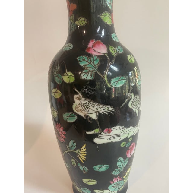 Chinoiserie Vintage Chinese Famille Noire Porcelain Baluster Vase 12.5" Tall For Sale - Image 3 of 10