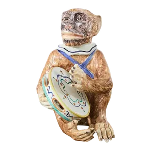 French Ceramic Majolica Sculpture of Monkey Playing Tambourine