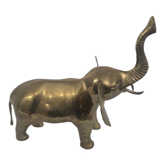 Vintage Large Brass Elephant Sculpture With Raised Trunk For Sale