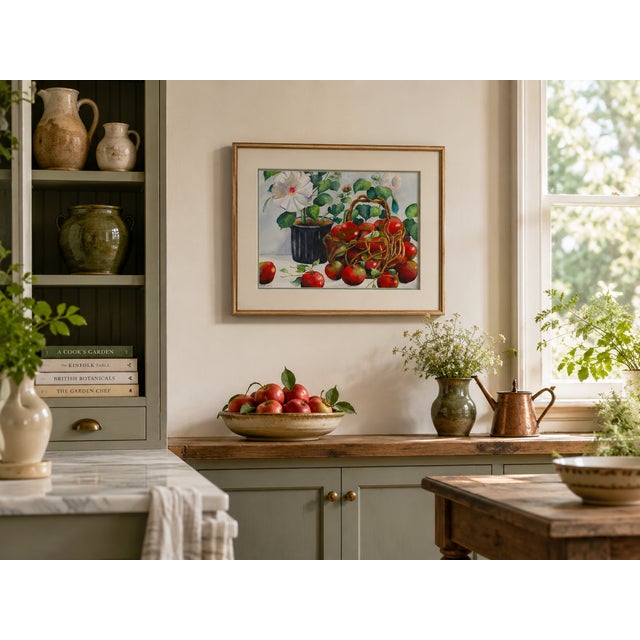 Still Life of Potted Flower and Basket of Apples - Tomoko Parry, C. 1990s For Sale - Image 10 of 10