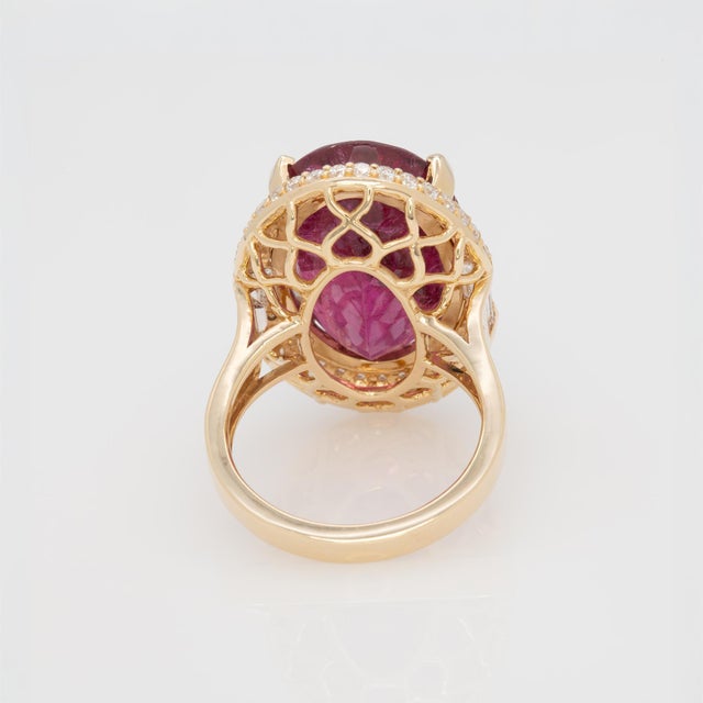 Metal 15.5Ct Rubellite Tourmaline Ring With Earth Mined Diamonds Halo, Size 6.75 For Sale - Image 7 of 8
