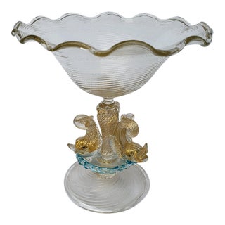 Murano Glass 3 Dolphin Tazza Compote Rigadin Gold Polveri Attr Salviati For Sale