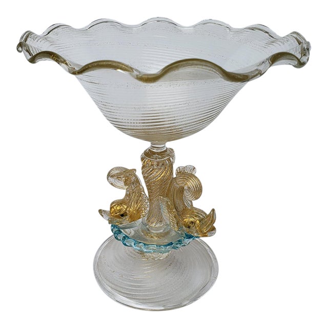 Murano Glass 3 Dolphin Tazza Compote Rigadin Gold Polveri Attr Salviati For Sale