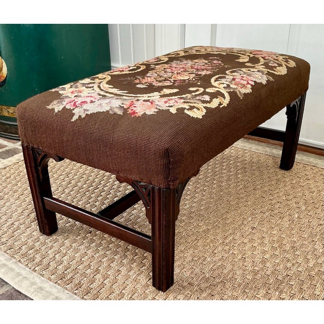 Early 20th Century Antique Mahogany Footstool Upholstered in Needlepoint For Sale - Image 9 of 12