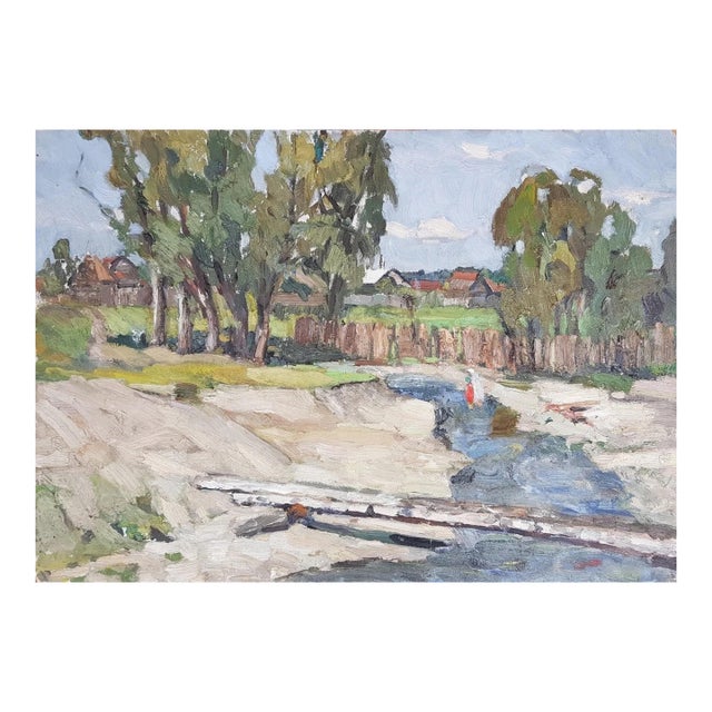 Ukrainian Impressionism Painting, Rural Landscape Oil on Cardboard, 1967 50-70 For Sale