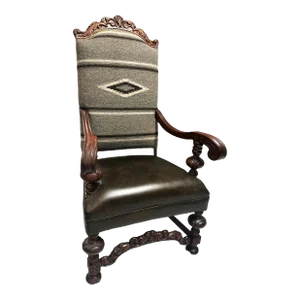 Antique Carved Hacienda Chair Upholstered With Oaxaca Wool Tapestry and Leather