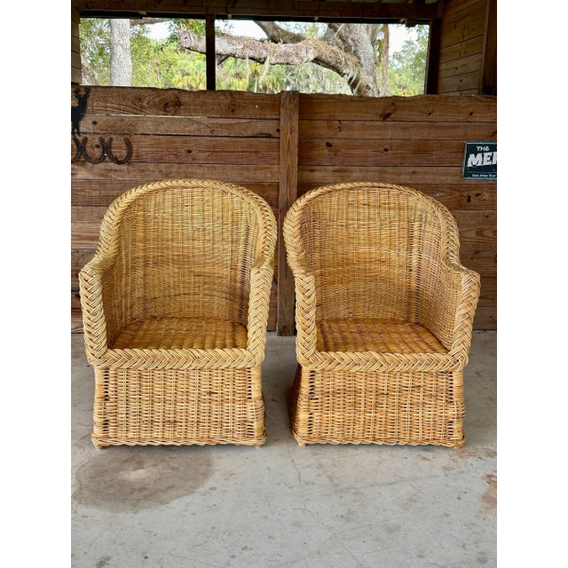 Tan Coastal Organic Modern Large Braid Rattan Side Arm Chairs by Wicker Works-Pair For Sale - Image 8 of 11