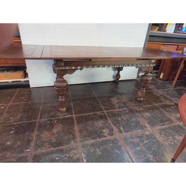 Brown Antique 1920s Rustic Spanish Jacobean Extra Large Dining Table 9 Feet Open For Sale - Image 8 of 12