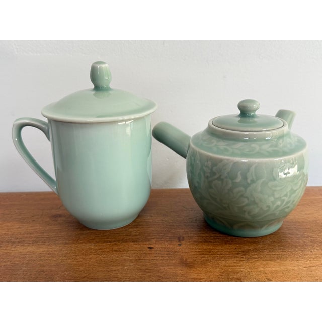 Asian Celadon Tea Pot and Cup, Set of 2 For Sale - Image 6 of 7