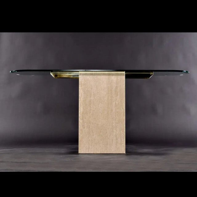 Metal Maitland-Smith Style Brass and Glass Travertine Stone Pedestal Console Table For Sale - Image 7 of 11