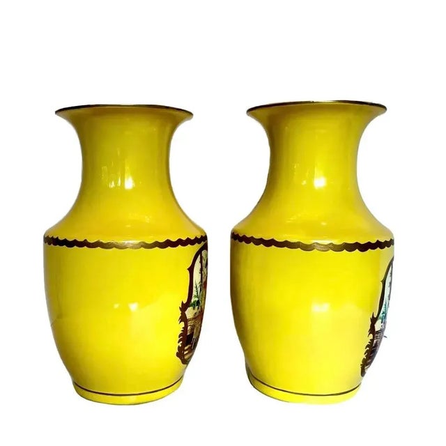 Late 20th Century Pair of Vintage Maitland-Smith Hand Painted Lemon Yellow Asian Portrait Vases For Sale - Image 5 of 11