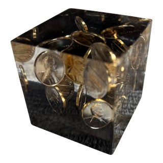 Pop Art Lucite Cube With Pennies, 1972 For Sale