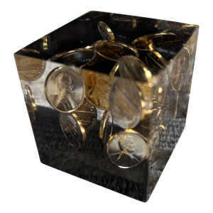 Pop Art Lucite Cube With Pennies, 1972