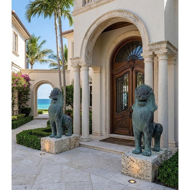 1990s Monumental Pair of Southeast Asian Verdigris Bronze Guardian Lion Statues For Sale - Image 10 of 12