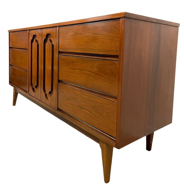 Mid-Century Modern Vintage Mid Century Modern Long Low Dresser With 12 Drawers, Tapered Legs and Brass-Toned Hardware For Sale - Image 3 of 10