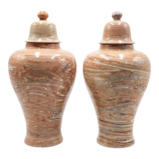 Vintage Pair of Swirled Marbled Glaze Ceramic Temple Jars With Lids For Sale