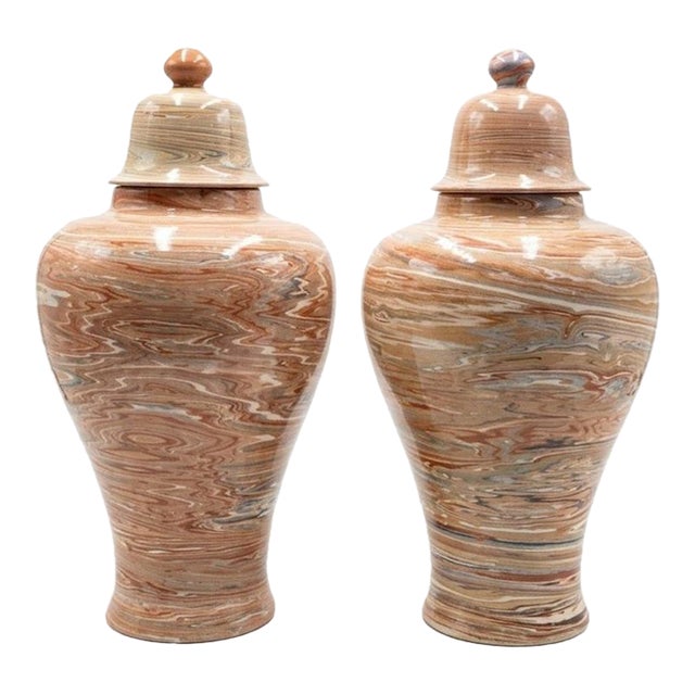 Vintage Pair of Swirled Marbled Glaze Ceramic Temple Jars With Lids For Sale