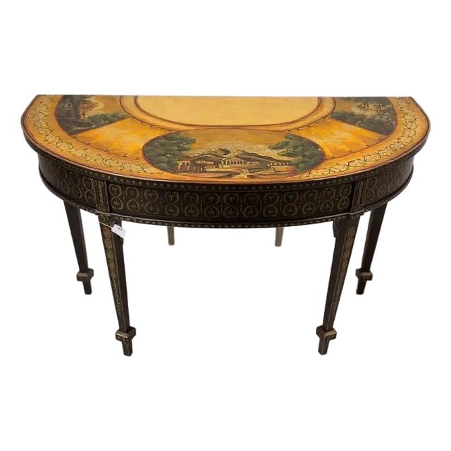 1980s Neoclassical Hand-Painted Ebonized & Gilt Demilune Console Table For Sale