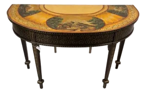 1980s Neoclassical Hand-Painted Ebonized & Gilt Demilune Console Table