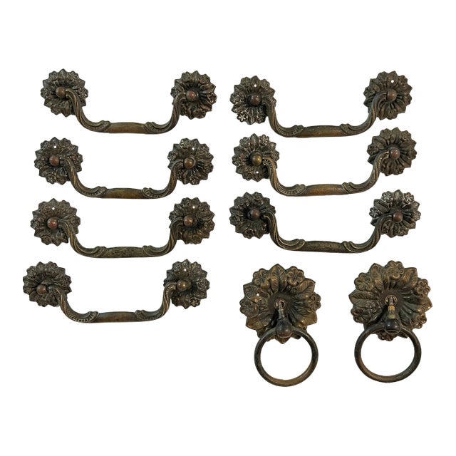 Vintage Keeler Brass Co Antiqued Brass Drop Bail Pull With Round Rosettes & 2 Drop Ring Pulls With Rosettes - 9 Piece Set For Sale