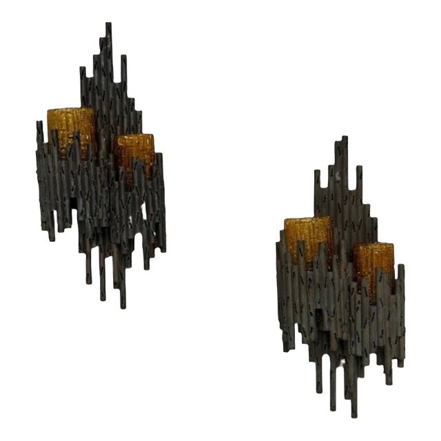 Marcello Fantoni, Brutalist Mid-Century Modern Wall Sconces, Wrought Iron, Glass For Sale
