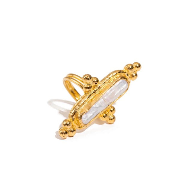 Bronze Vintage Pearl Gold Statement Adjustable Ring, Size 8 For Sale - Image 8 of 9